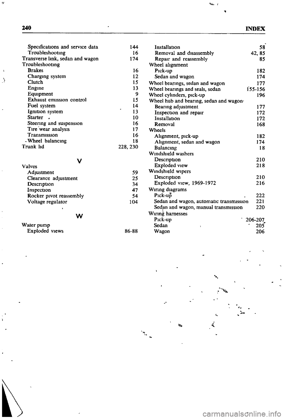 DATSUN 510 1968  Service Repair Manual 
240

INDEX

SpecIfications 
and 
service 
data 
144 
Installation 
58

Troubleshootmg 
16 
Removal 
and

disassembly 
42 
85

Transverse 
hnk 
sedan 
and

wagon 
174

Repair 
and

reassembly 
85

Tro