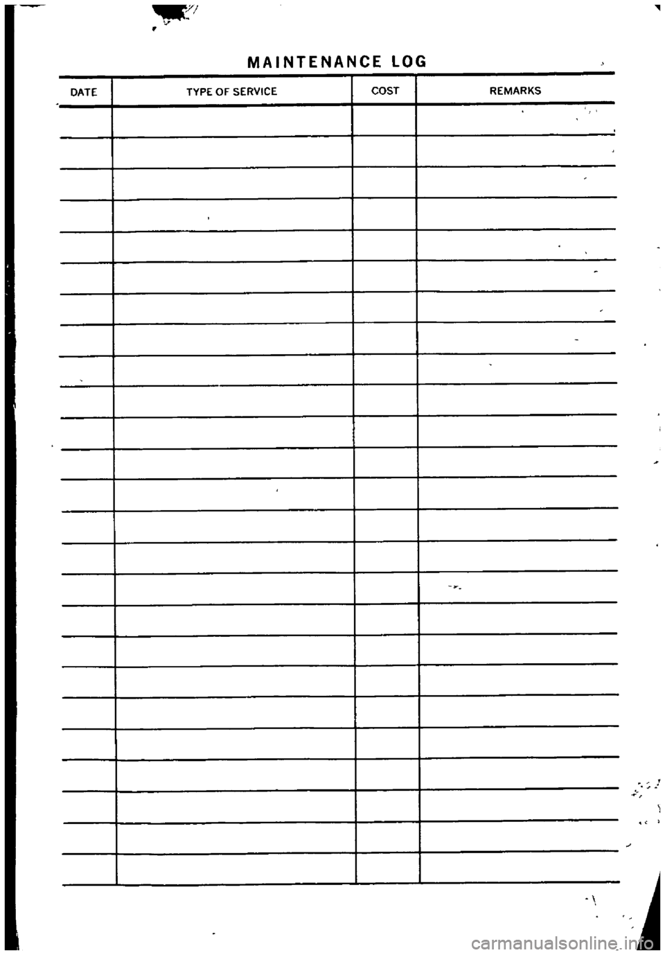 DATSUN 510 1968  Service Repair Manual 
MAINTENANCE 
LOG

DATE 
TYPE 
OF 
SERVICE 
COST 
REMARKS 