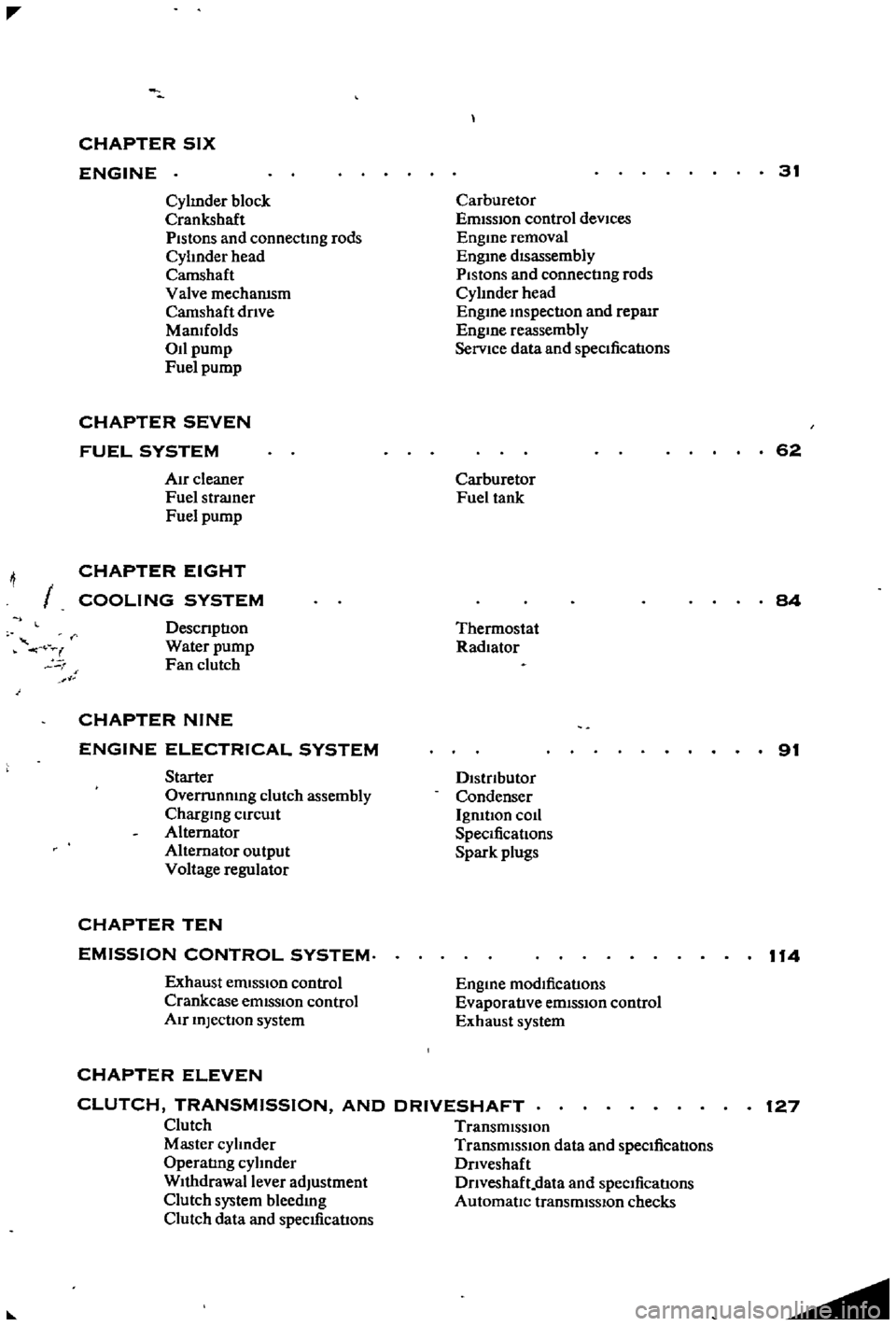 DATSUN 510 1968  Service Repair Manual 
II

CHAPTER 
SIX

ENGINE

Cylmder 
block

Crankshaft

PistOns 
and

connectmg 
rods

Cyhnder 
head

Camshaft

Valve 
mechamsm

Camshaft 
dnve

Mamfolds

011

pump

Fuel

pump 
Carburetor

Emission 
c