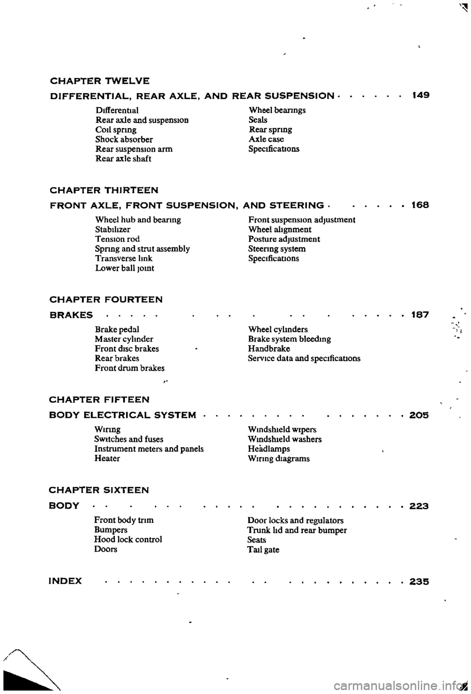 DATSUN 510 1968 Service Repair Manual
CHAPTER
TWELVE
DIFFERENTIAL
REAR
AXLE
AND
REAR
SUSPENSION
149
DIfferentIal
Rear
axle
and
suspension
Codspnng
Shock
absorber
Rear
suspensIOn
arm
Rear
axle
shaft
Wheel
beanngs
DATSUN 510 1968 Service Repair Manual
CHAPTER
TWELVE
DIFFERENTIAL
REAR
AXLE
AND
REAR
SUSPENSION
149
DIfferentIal
Rear
axle
and
suspension
Codspnng
Shock
absorber
Rear
suspensIOn
arm
Rear
axle
shaft
Wheel
beanngs
