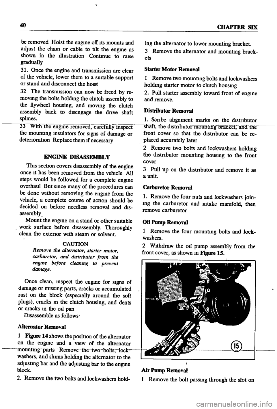 DATSUN 510 1968  Service Repair Manual 
40 
CHAPTER 
SIX

be 
removed 
Hoist 
the

engme 
off

Its 
mounts 
and

adjust 
the 
cham 
or 
cable 
to 
tIlt 
the

engme 
as

shown 
in 
the 
illustration 
ContInue 
to

raIse

gradually

31 
Once