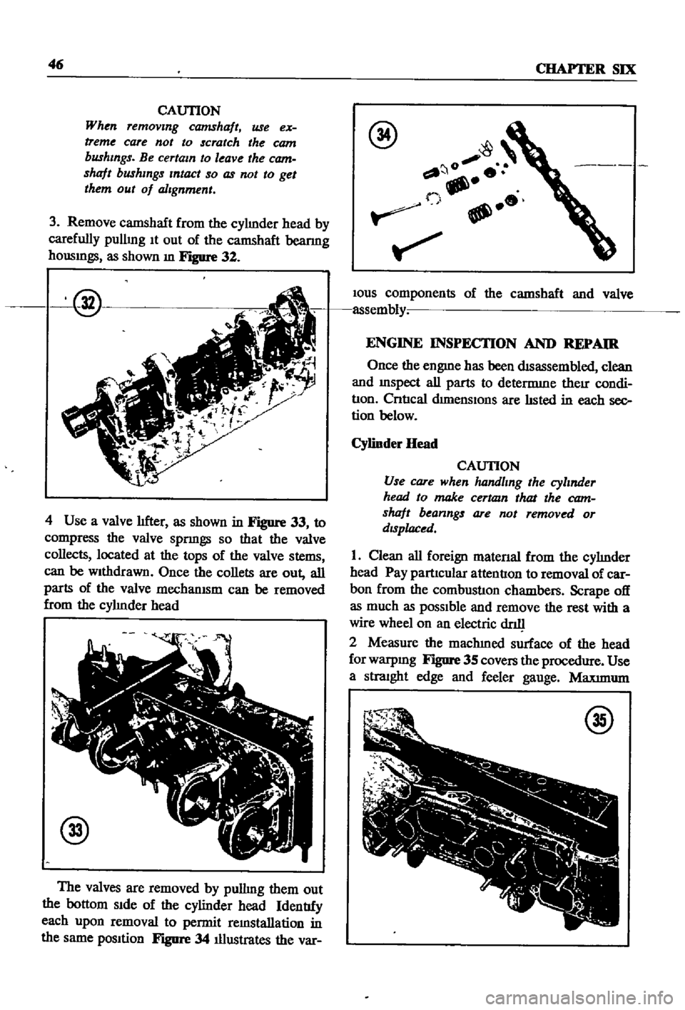 DATSUN 510 1968 Service Workshop Manual
46
CHAPTER
SIX
CAUTION
When
removing
camshaft
use
ex
treme
care
not
to
scratch
the
cam
bushings
Be
certam
to
leave
the
cam
shaft
bushings
Intact
so
as
not
to
get
them
DATSUN 510 1968 Service Workshop Manual
46
CHAPTER
SIX
CAUTION
When
removing
camshaft
use
ex
treme
care
not
to
scratch
the
cam
bushings
Be
certam
to
leave
the
cam
shaft
bushings
Intact
so
as
not
to
get
them