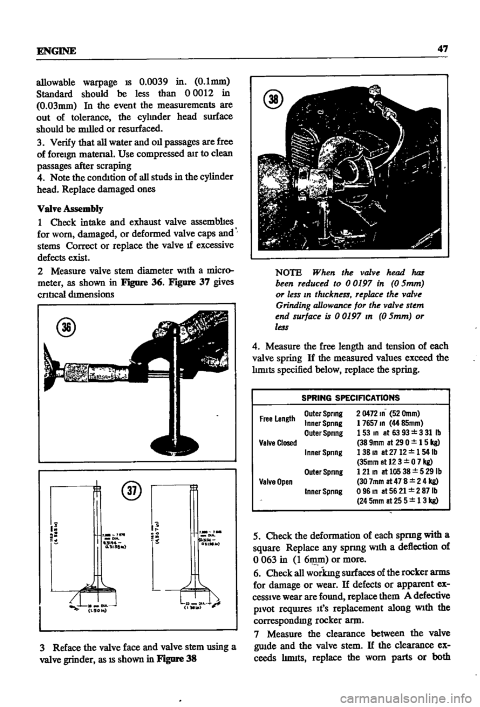 DATSUN 510 1968  Service Repair Manual 
ENGINE 
47

allowable

warpage 
IS 
0 
0039 
in 
0 
I 
mm

Standard 
should 
be 
less 
than 
0 
0012 
in

O 
03mm 
In 
the 
event 
the 
measurements 
are

out 
of 
tolerance 
the

cylmder 
head 
surf