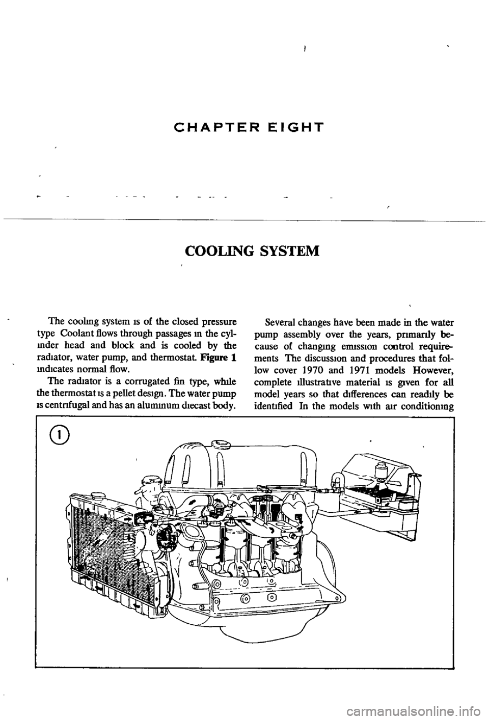 DATSUN 510 1968  Service Manual Online 
CHAPTER 
EIGHT

COOLING 
SYSTEM

The

coolIng 
system 
IS 
of 
the 
closed

pressure

type 
Coolant 
flows

through 
passages 
In 
the

cyl

mder 
head 
and 
block 
and 
is 
cooled

by 
the

radIator