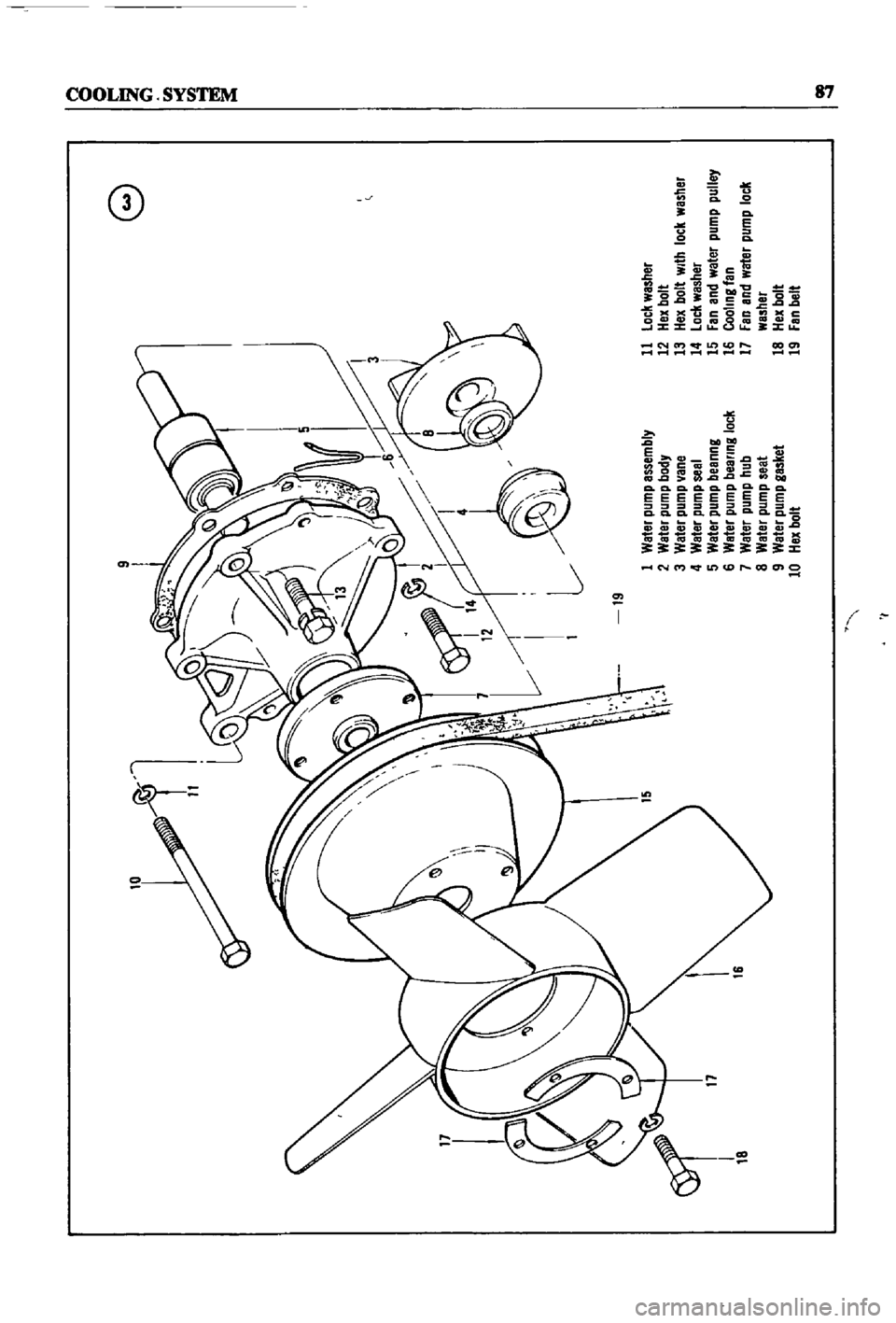 DATSUN 510 1968 Service Owners Manual
10
9
8
n
o
o
19
1
Water
pump
assembly
11
lock
washer
2
Water
pump
body
12
Hex
bolt
3
Water
pump
ane
13
Hex
bolt
With
lock
washer
4
Water
pump
seal
14
loc
l
washer
17
6
5
Water
pump
bean DATSUN 510 1968 Service Owners Manual
10
9
8
n
o
o
19
1
Water
pump
assembly
11
lock
washer
2
Water
pump
body
12
Hex
bolt
3
Water
pump
ane
13
Hex
bolt
With
lock
washer
4
Water
pump
seal
14
loc
l
washer
17
6
5
Water
pump
bean