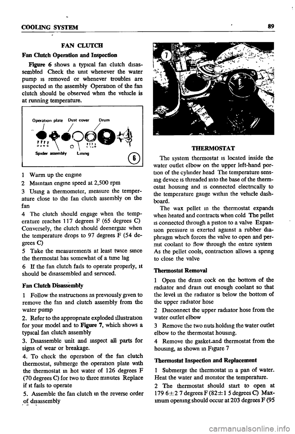 DATSUN 510 1968  Service Repair Manual 
COOLING 
SYSTEM 
89

FAN 
CLUTCH

Fan 
Clutch

Operation 
and

Inspection

Figure 
6 
shows 
a

typICal 
fan 
clutch 
dISas

sembled 
Check 
the 
umt 
whenever 
the 
water

pump 
IS 
removed 
or 
whe