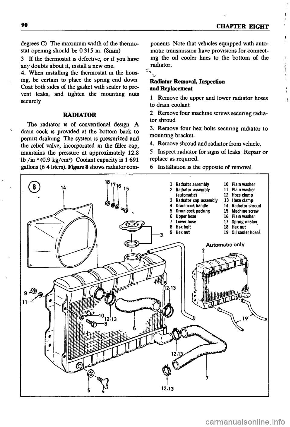 DATSUN 510 1968 Service Owners Manual
90
CHAPTER
EIGHT
degrees
C
The
maXImum
WIdth
of
the
thermo
stat
openIng
should
be
0315
In
8mm
3
If
the
thermostat
IS
defectIve
or
If
you
have
an
doubts
about
It
mstall DATSUN 510 1968 Service Owners Manual
90
CHAPTER
EIGHT
degrees
C
The
maXImum
WIdth
of
the
thermo
stat
openIng
should
be
0315
In
8mm
3
If
the
thermostat
IS
defectIve
or
If
you
have
an
doubts
about
It
mstall