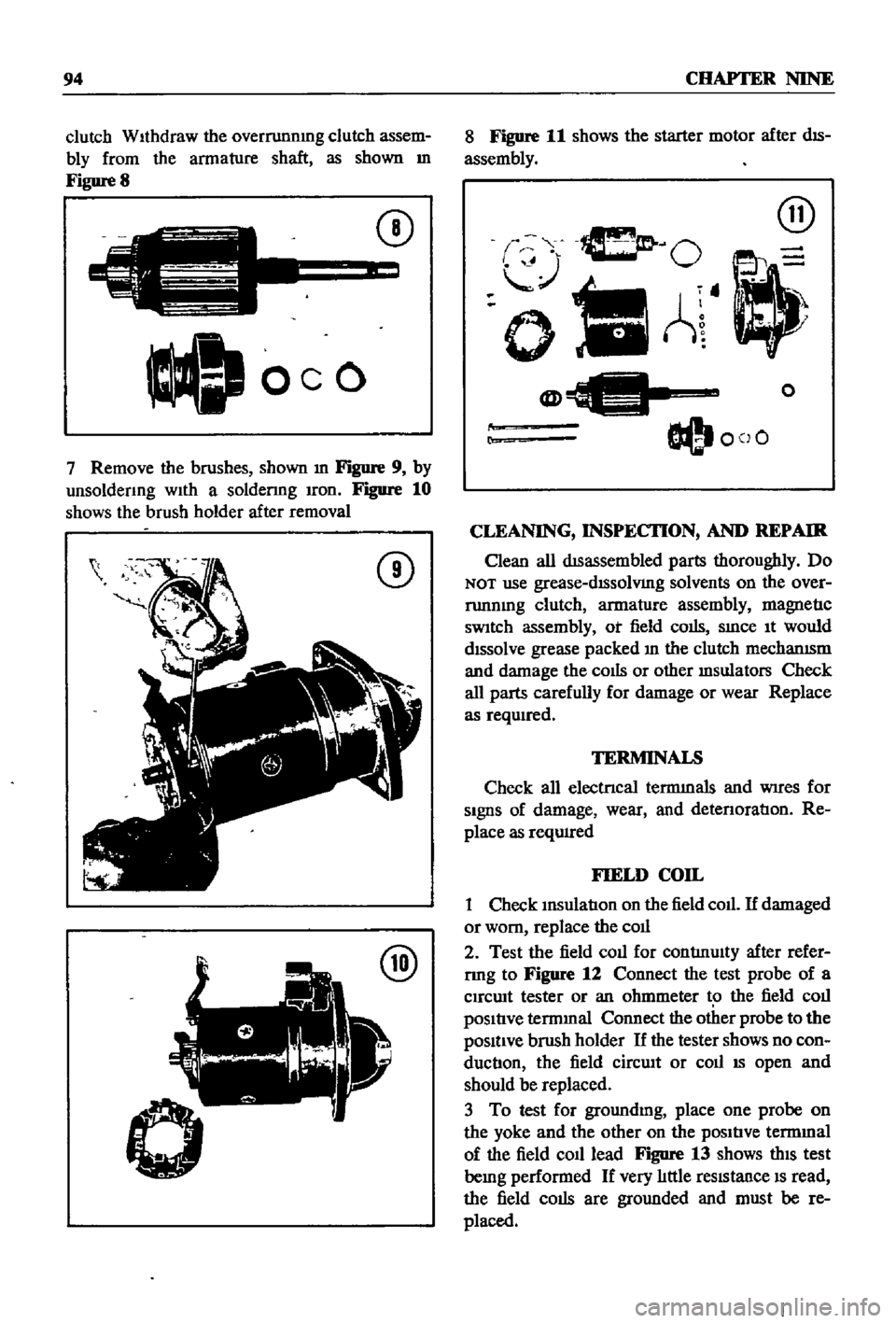 DATSUN 510 1968 Service Owners Manual
94
CHAPTER
NINE
clutch
WIthdraw
the
overrunnmg
clutch
assem
bly
from
the
armature
shaft
as
shown
m
Figure
8
C
J
oeo
CD
7
Remove
the
brushes
shown
m
Figure
9
by
unsolden DATSUN 510 1968 Service Owners Manual
94
CHAPTER
NINE
clutch
WIthdraw
the
overrunnmg
clutch
assem
bly
from
the
armature
shaft
as
shown
m
Figure
8
C
J
oeo
CD
7
Remove
the
brushes
shown
m
Figure
9
by
unsolden