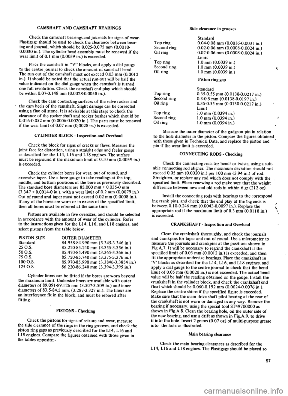 DATSUN 510 1969  Service Repair Manual 
CAMSHAFT 
AND 
CAMSHAFT 
BEARINGS

Check 
the 
camshaft

bearing 
and

journals 
for

signs 
of 
wear

Plastigage 
should 
be

used 
to

check 
the 
clearance 
between 
bear

ing 
and

journal 
which