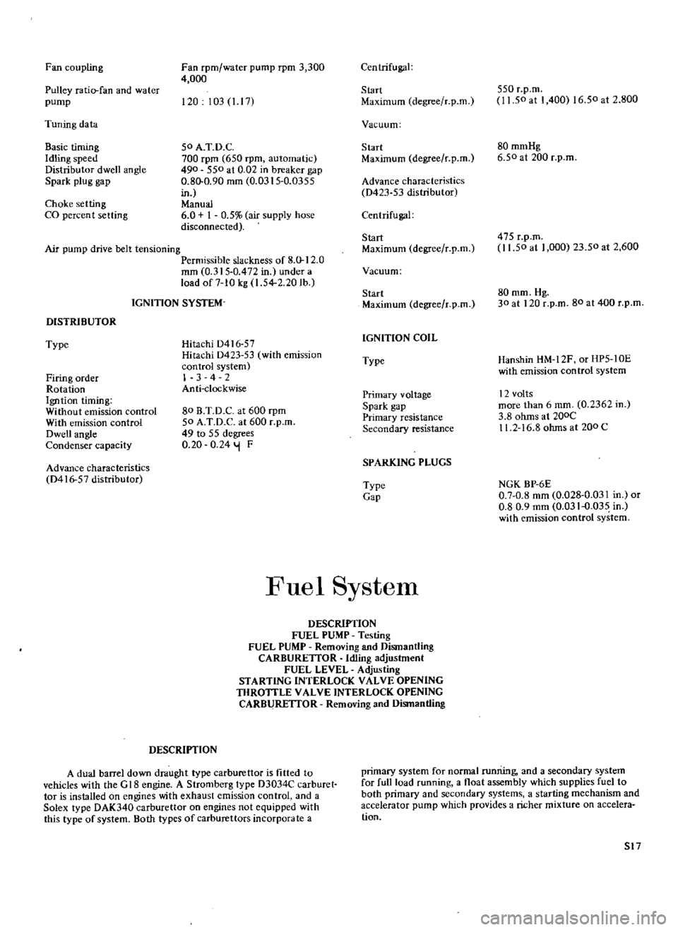 DATSUN 510 1969  Service Repair Manual 
Fan

coupling

Pulley 
ratio 
fan 
and 
water

pump

Tuning 
data

Basic

timing

Idling 
speed

Distributor 
dwell

angle

Spark 
plug 
gap

Choke

setting

CO

percent 
setting 
Fan

rpm 
water

pu