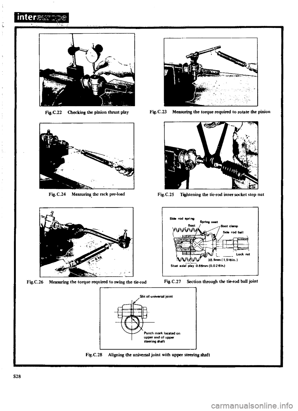 DATSUN 510 1969 Service Repair Manual
inter
C
7
j
l
l
IJ
Fig
C
22
Checking
the
pinion
tluust
play
Fig
C23
ML
Io
b
the
torque
required
to
rotate
the
pinion
Fig
C
24
Measuring
the
rack
pre
load
Fig
C
25
DATSUN 510 1969 Service Repair Manual
inter
C
7
j
l
l
IJ
Fig
C
22
Checking
the
pinion
tluust
play
Fig
C23
ML
Io
b
the
torque
required
to
rotate
the
pinion
Fig
C
24
Measuring
the
rack
pre
load
Fig
C
25
