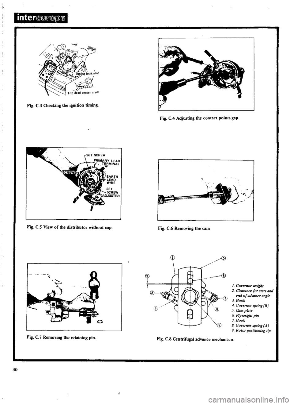 DATSUN 510 1969  Service Owners Guide 
inter 
i
D 
j

@
2l

Fig 
C 
3 
Checking 
the

ignition 
timing

J 
EARTH

LEAD

WIRE

SET

SCREW

OAmER

Fig 
C
5 
View 
of 
the 
distributor 
without

cap

Fig 
C 
7

Removing 
the

retaining 
pin
