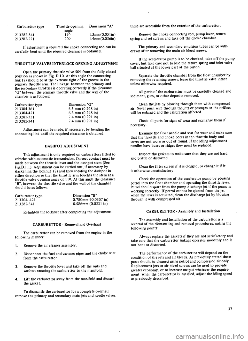 DATSUN 510 1969  Service Owners Guide 
Carburettor

type 
Throttle

opening

angle

190

200 
Dimension 
A

213282

341

213282 
221 
l
3mm 
0 
051 
in

I 
4mm 
0 
056in

If

adjustment 
is

required 
the 
choke 
connecting 
rod 
can 
be
