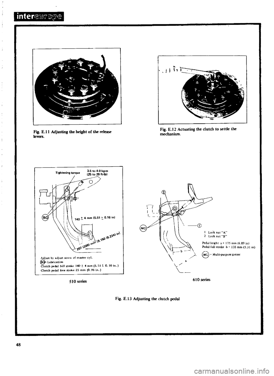 DATSUN 510 1969  Service Service Manual 
inter 
1D7
J

3

T 
T

aj

W

n 
J

I

1

T

f 
T 
7

e

Fig 
E 
II

Adjustillll 
the

height 
of 
the 
release

levers 
Fig 
E 
12 
Actuating 
the 
clutch 
to 
settle 
the

mechanism

Tightening 
to