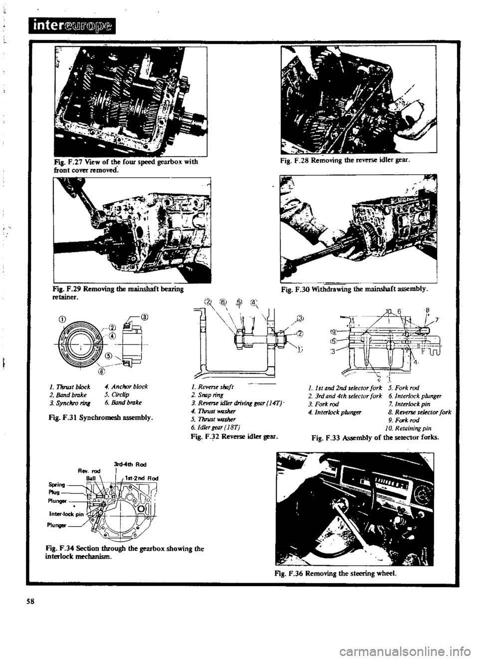 DATSUN 510 1969  Service Workshop Manual 
inter 
lli

r@

ig 
F 
28 
Re

oving 
the 
reverse 
idler

gear
q

F
8 
F 
27 
View 
of

the 
four

speed 
gearbox 
with

front 
cover

removed

F
8 
F 
29

Removing 
the 
mainshaft

bearing

retaine