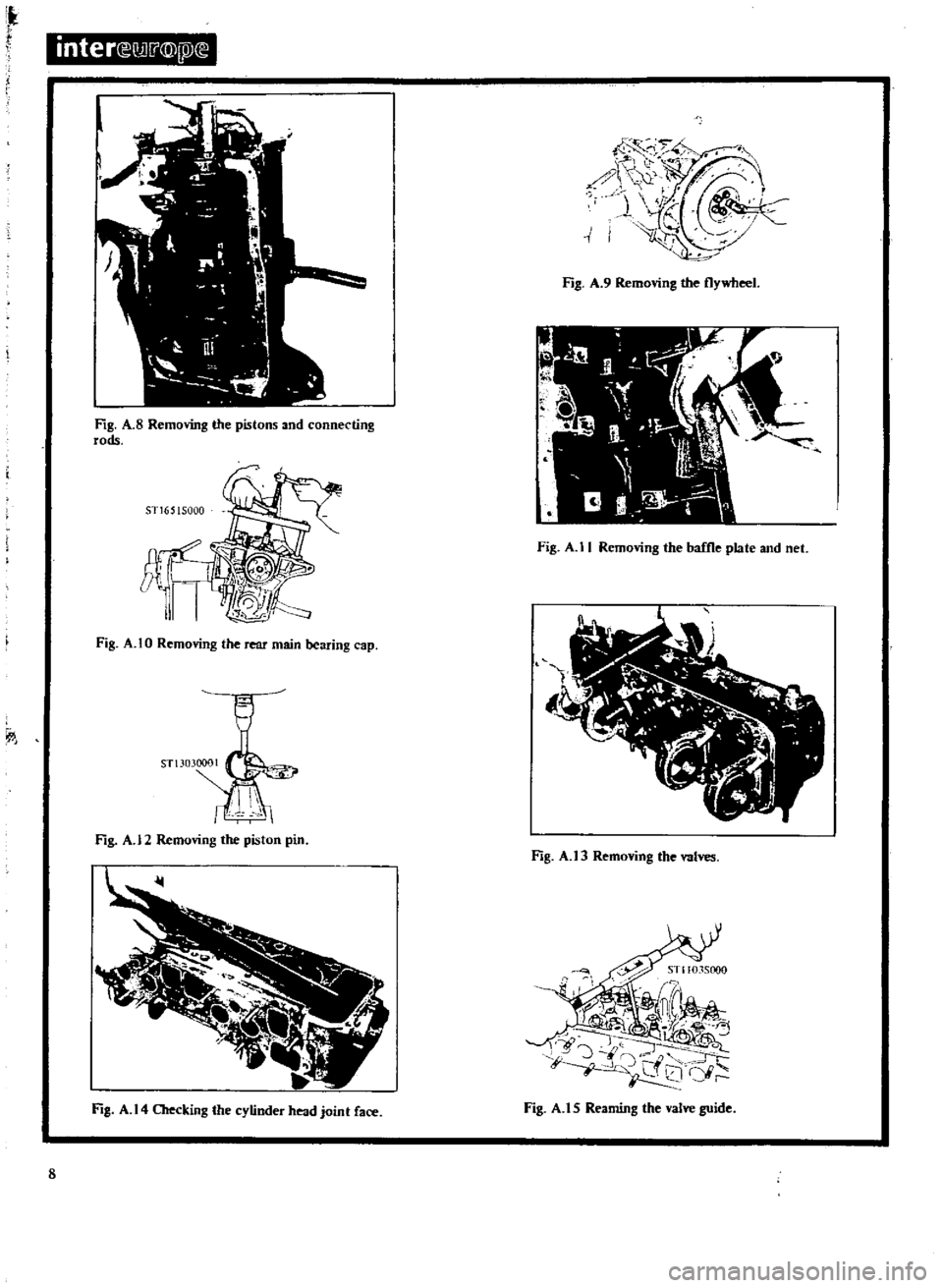 DATSUN 510 1969  Service Repair Manual 
inter 
lliJ
j

@I
IJ

I

7

4 
i

ll 
W 
f

l

rr

er

j

il

Fig 
A 
9

Removing 
the

flywheel

Fig 
A 
S

Removing 
the

pistons 
and 
connecting

rods

Fig 
A 
II 
Removing 
the 
baffle

plate 
a