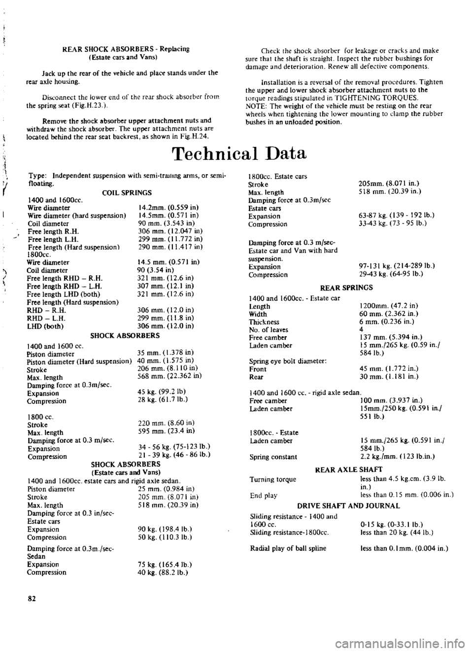 DATSUN 510 1969  Service Manual Online 
REAR 
SHOCK 
ABSORBERS

Replacing

Estate 
cars 
and 
Vans

Jack

up 
the 
reaT 
of 
the 
vehicle 
and

place 
stands 
under 
the

rear

axle

housing

Disconnect 
the 
lower 
end 
of 
the 
rear 
sho