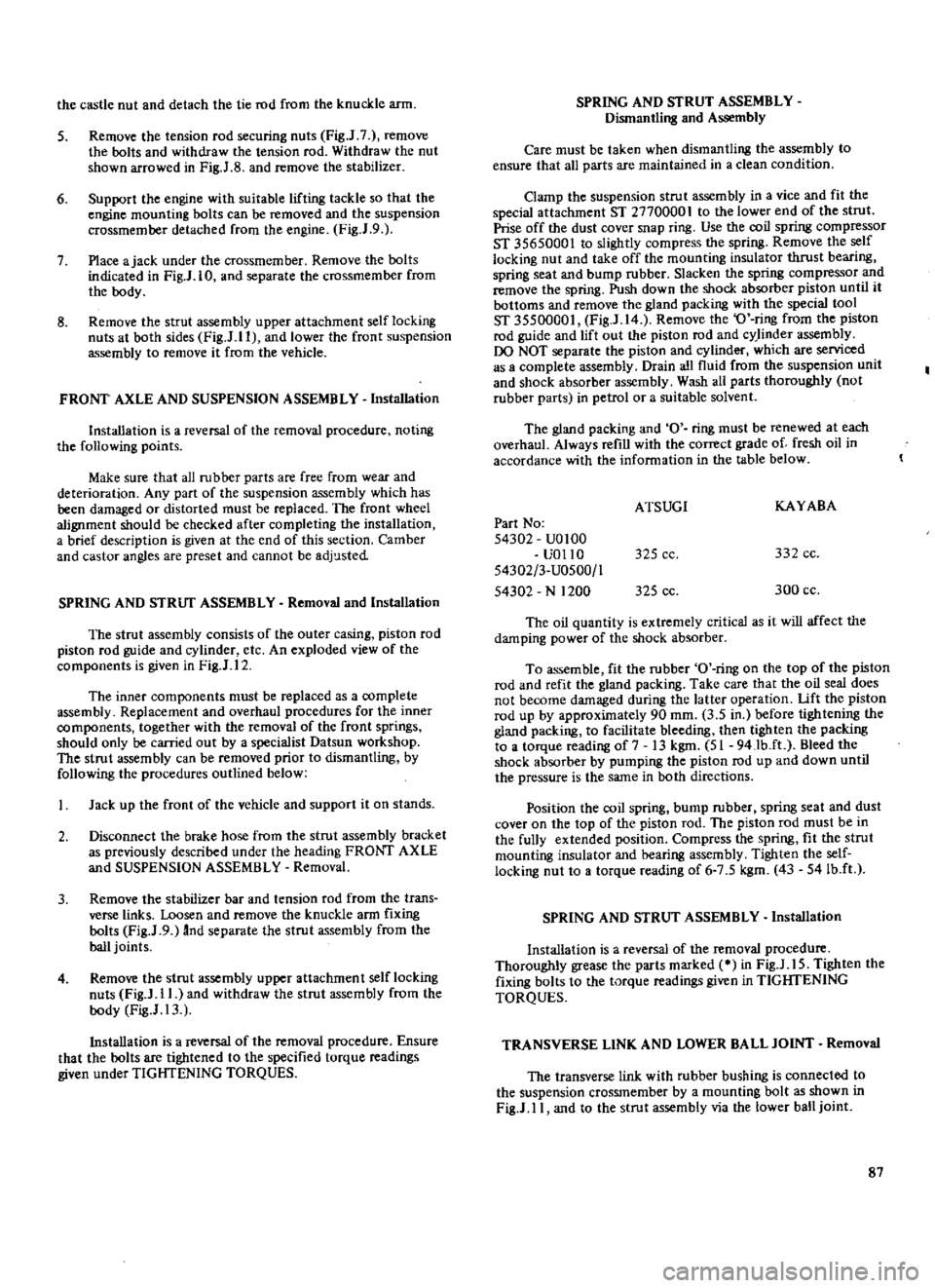 DATSUN 510 1969  Service Repair Manual 
the 
castle 
nut 
and 
detach 
the 
tie 
rod 
from 
the 
knuckle 
arm

5 
Remove 
the 
tension 
rod

securing 
nuts

Fig 
J 
7 
remove

the 
bolts 
and 
withdraw 
the 
tension 
rod 
Withdraw 
the 
nu