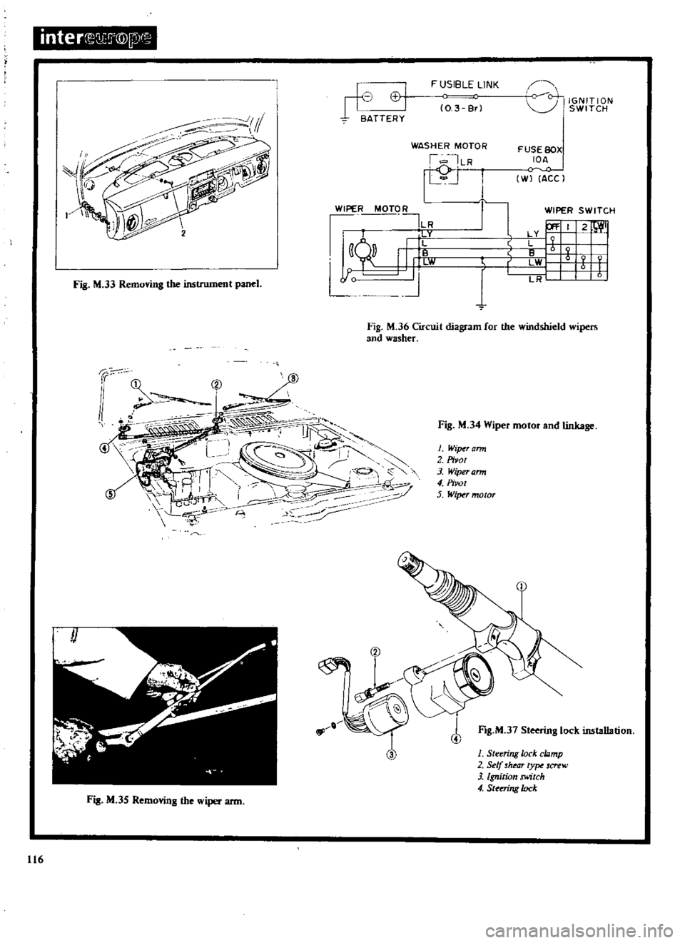 DATSUN 610 1969  Workshop Manual 
inter

@IP

Fig 
M 
33

Removing 
the 
instrument

panel 
h 
J 
I

II 
VI

BATTERY 
FUSIBLE

LINK

0 
3 
Br

WASHER 
MOTOR

I

ILR

rj

WIPER 
MOTO 
R

ILR

lity

111 
W

J
9P

l 
l 
0

0

IGNITION

