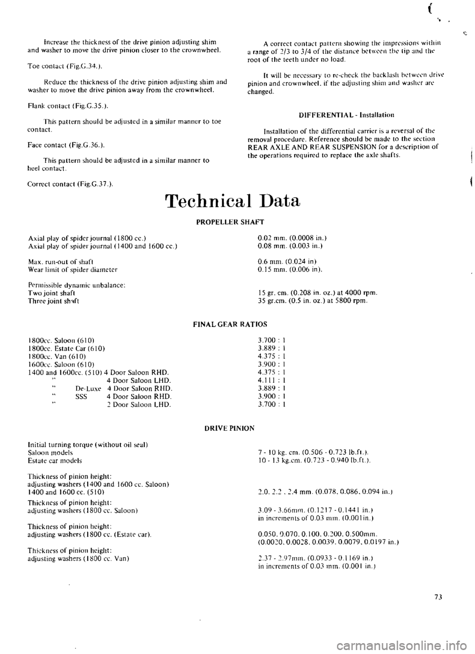 DATSUN 610 1969 Manual PDF
increase
the
thickness
of
the
drive
pinion
adjusting
shim
and
washer
to
move
the
drive
pinion
closer
to
the
crown
wheel
A
correct
contact
pattern
showing
the
impressioll
i DATSUN 610 1969 Manual PDF
increase
the
thickness
of
the
drive
pinion
adjusting
shim
and
washer
to
move
the
drive
pinion
closer
to
the
crown
wheel
A
correct
contact
pattern
showing
the
impressioll
i