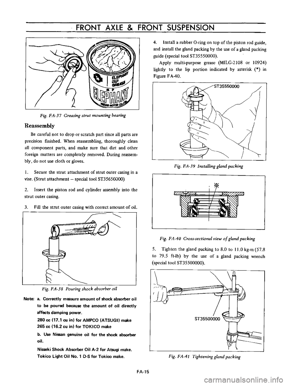 DATSUN B110 1973  Service User Guide 
FRONT 
AXLE

FRONT 
SUSPENSION

I

f

f

ij

Reassembly 
Fig 
FA 
37

Greasing 
strut

mounting 
bearing

Be

careful 
not 
to

drop 
or 
scratch

part 
since 
all

parts 
are

precision 
finished 
W