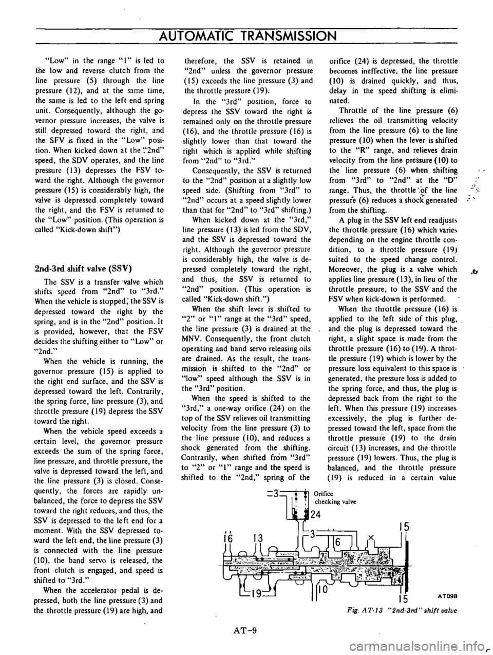 DATSUN B110 1973  Service Repair Manual 
Low 
in

the

range 
I 
is

led 
to

the 
low

and 
reverse 
clutch 
from 
the

line

pressure 
5

through 
the 
line

pressure 
12 
and 
at 
the 
same 
time

the 
same 
is 
led 
to 
the 
left 
end

