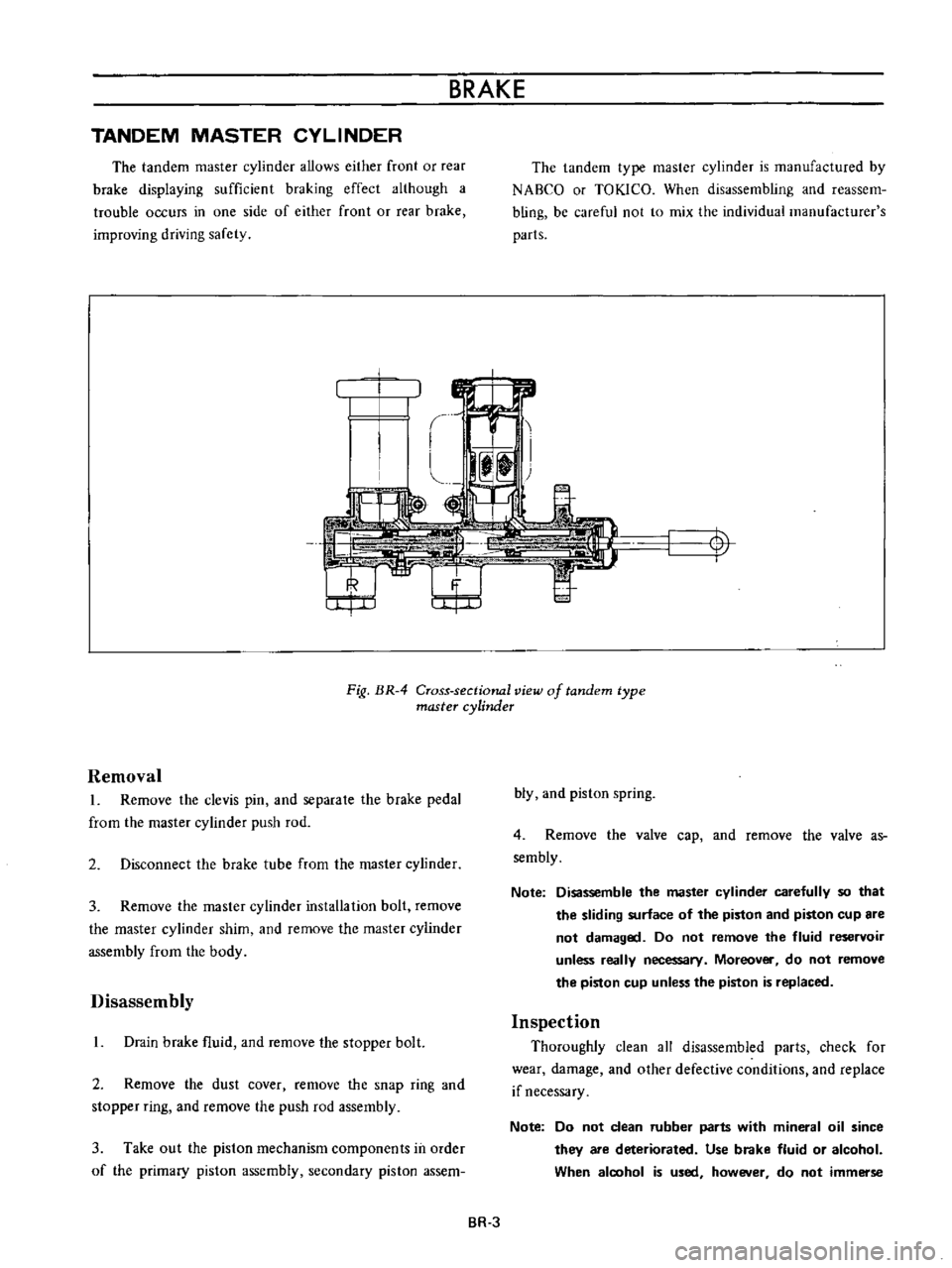 DATSUN B110 1973 Service Repair Manual
BRAKE
TANDEM
MASTER
CYLINDER
The
tandem
master
cylinder
allows
either
front
or
rear
brake
displaying
sufficient
braking
effect
although
a
trouble
occurs
in
one
side
of
eithe DATSUN B110 1973 Service Repair Manual
BRAKE
TANDEM
MASTER
CYLINDER
The
tandem
master
cylinder
allows
either
front
or
rear
brake
displaying
sufficient
braking
effect
although
a
trouble
occurs
in
one
side
of
eithe