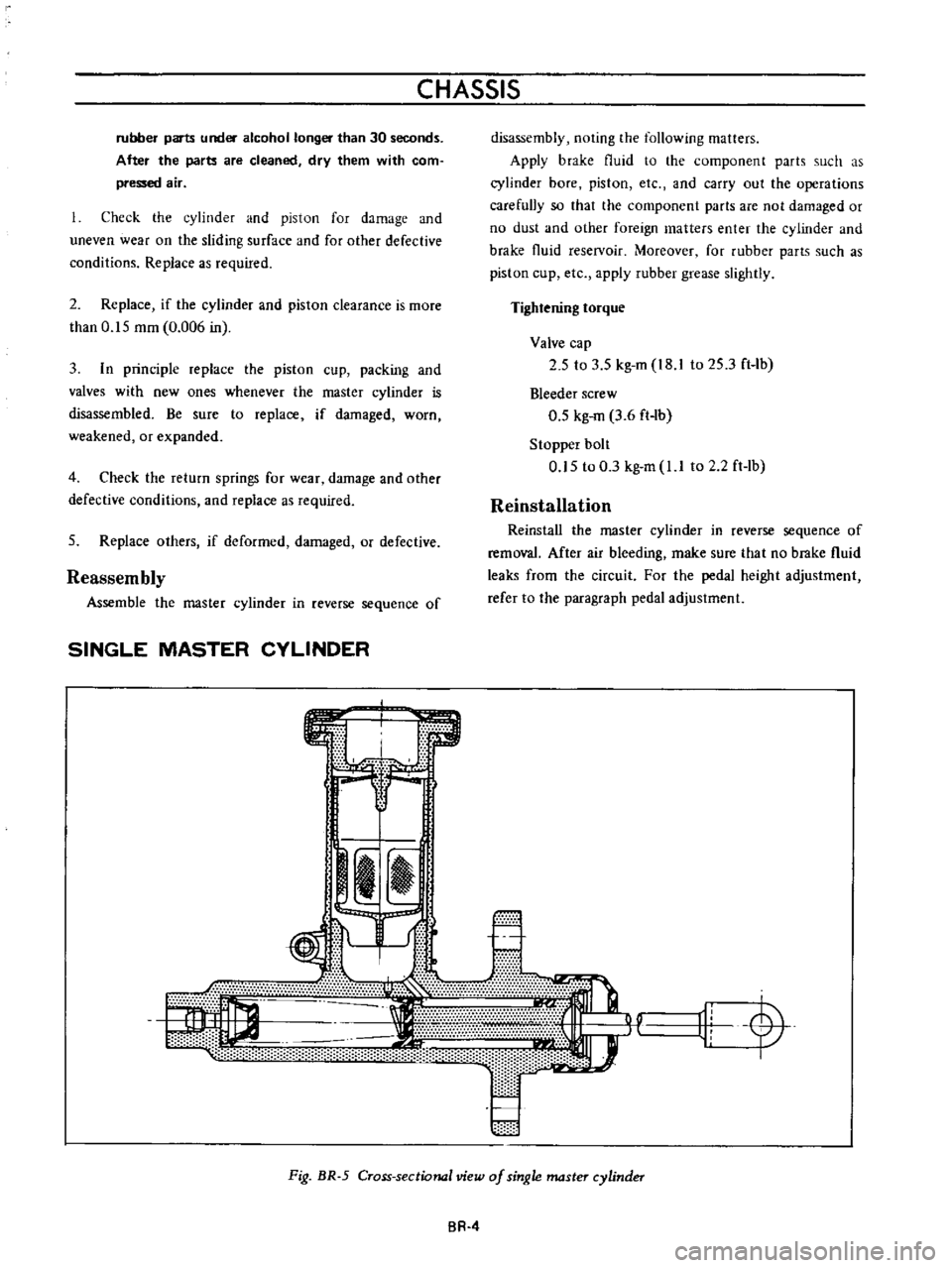 DATSUN B110 1973  Service User Guide 
CHASSIS

Ii

t

L

1

J

rJ
I

e

i 
L
rubber

parts 
und 
alcohol

long 
than 
30 
seconds

After 
the

parts 
are 
cleaned

dry 
them 
with 
com

pressed 
air

Check 
the

cylinder 
and

piston 
fo