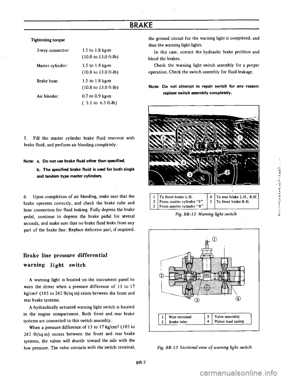 DATSUN B110 1973  Service Repair Manual 
Tightening 
torque

3

way 
connector 
1 
5

to 
1 
8

kg 
m

10
8 
to 
13 
0 
ft
lh

1
5 
to 
1 
8

kg 
m

10

8 
to 
13

0 
ft

lh

1
5 
to 
1 
8

kg 
m

10

8 
to 
13

0 
ft

lb

0

7 
to 
0 
9

k