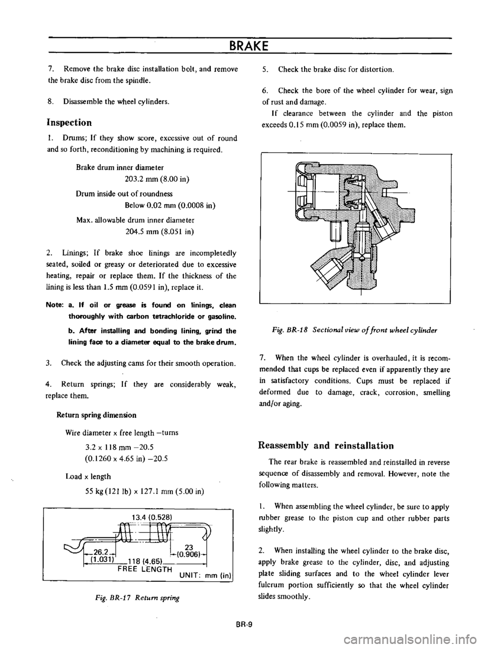 DATSUN B110 1973  Service Owners Manual 
7

Remove 
the

brake 
disc

installation 
bolt 
and 
remove

the 
brake 
disc 
from 
the

spindle

8 
Disassemble

the 
wheel

cylinders

Inspection

l 
Drums

If

they 
show

score 
excessive 
out 