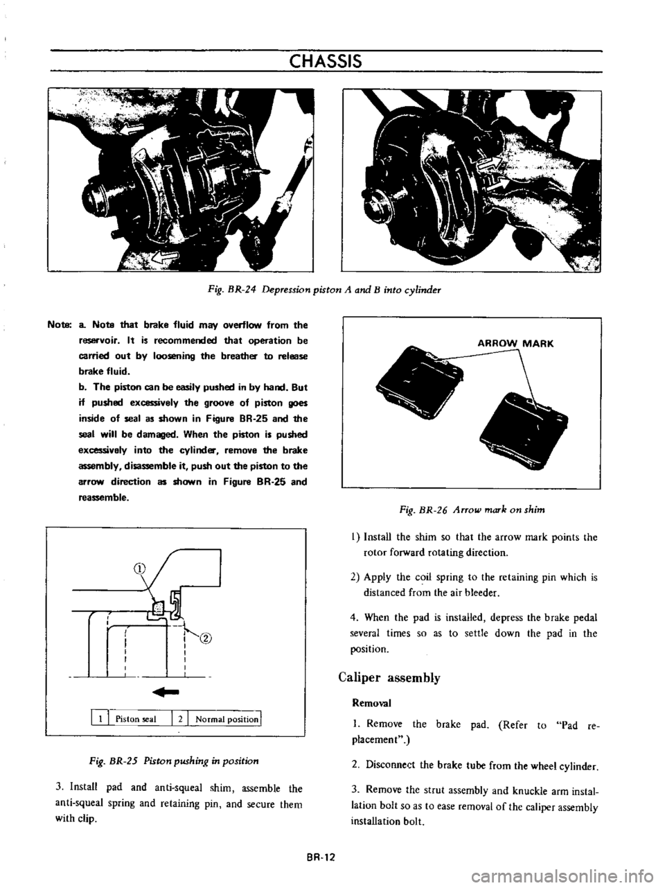 DATSUN B110 1973  Service Repair Manual 
CHASSIS

Fig 
BR 
24

Depression 
piston 
A

and 
B 
into

cylinder

Nota 
a 
Nota 
that 
brake 
fluid

may 
overflow 
from 
the

reservoir 
It 
is 
recommeooed 
that

operation 
be

carried 
out

by