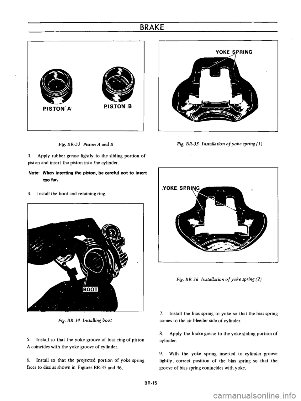 DATSUN B110 1973  Service Owners Manual 
BRAKE

i 
f

F

PISTON 
A 
PISTON 
S

Fig 
BR 
33

Piston 
A 
and 
B

3

Apply 
rubber

grease 
lightly 
to 
the

sliding 
portion 
of

piston 
and 
insert 
the

piston 
into 
the

cylinder

Note 
Wh
