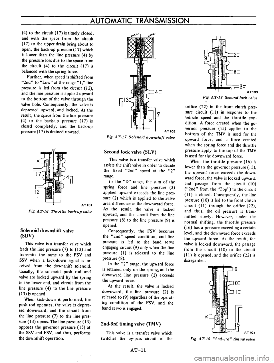 DATSUN B110 1973  Service Repair Manual 
4

to 
the

circuit

17 
is

timely 
closed

and 
with 
the

space 
from

the 
circuit

17 
to 
the

upper 
drain

being 
about 
to

open 
the

back

up

pressure 
17 
which

is

lower 
than 
the

li