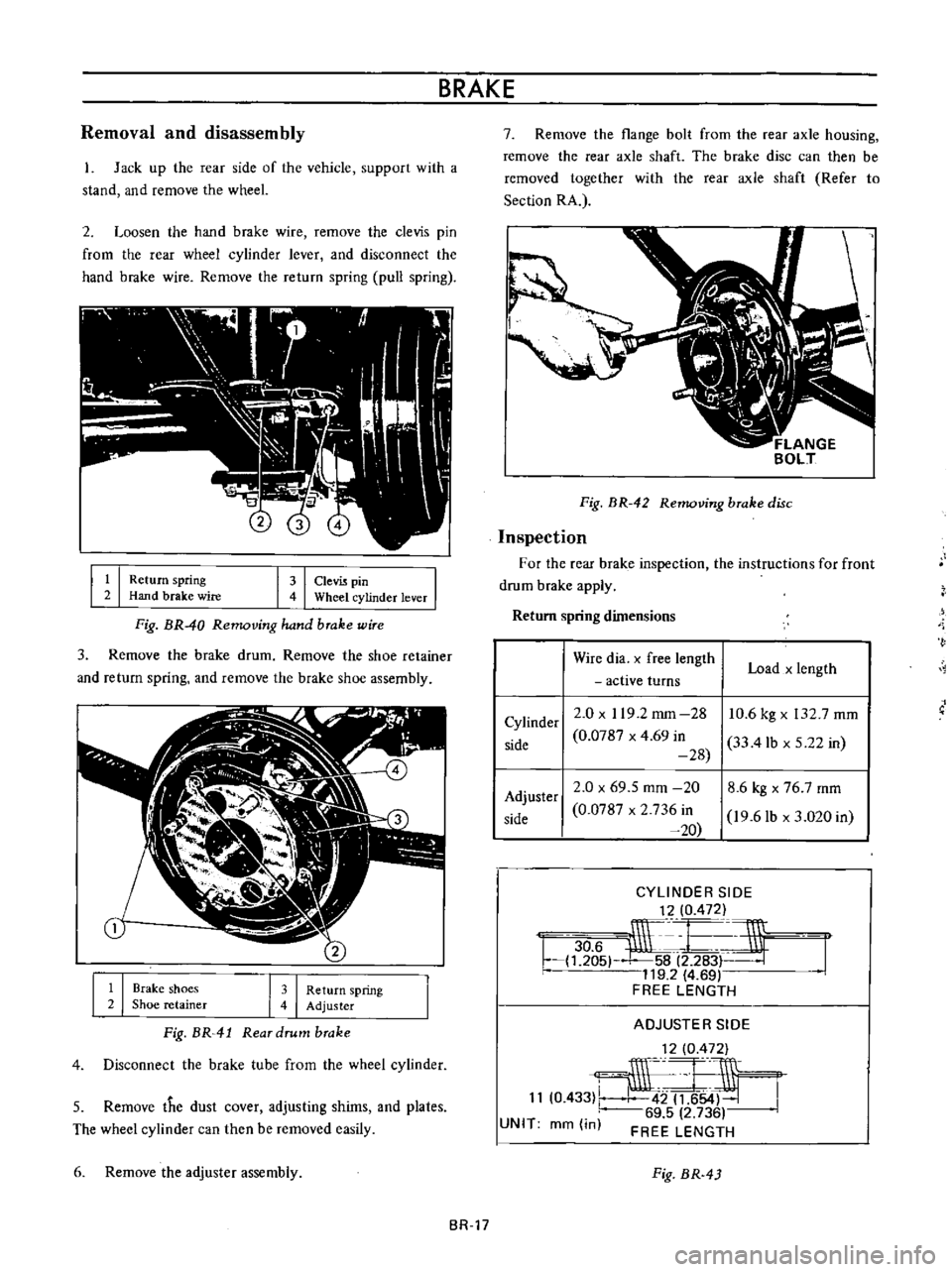 DATSUN B110 1973  Service Repair Manual 
BRAKE

Removal 
and

disassembly

1 
Jack

up 
the 
rear 
side 
of 
the 
vehicle

support 
with 
a

stand 
and 
remove 
the

wheeL

2 
Loosen

the 
hand 
brake 
wire 
remove

the 
clevis

pin

from 
