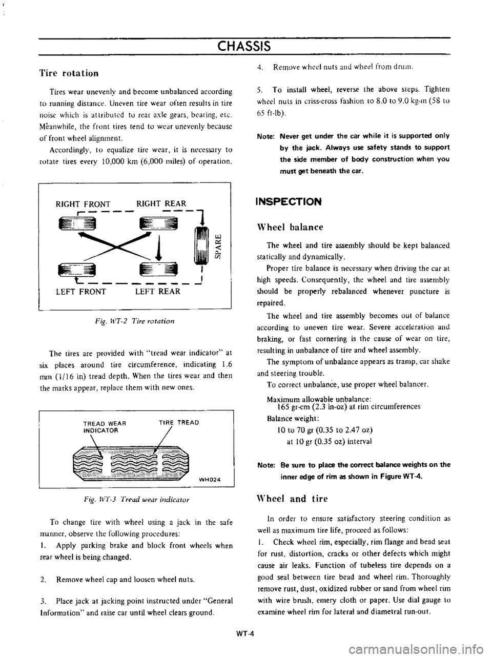 DATSUN B110 1973  Service Repair Manual 
CHASSIS

Tire 
rotation

Tires

wear 
unevenly 
and 
become 
unbalanced

according

to

running 
distance 
Uneven 
tire 
wear

often 
results 
in 
tire

noise 
whkh 
is 
attributed

to 
rear 
axle

g