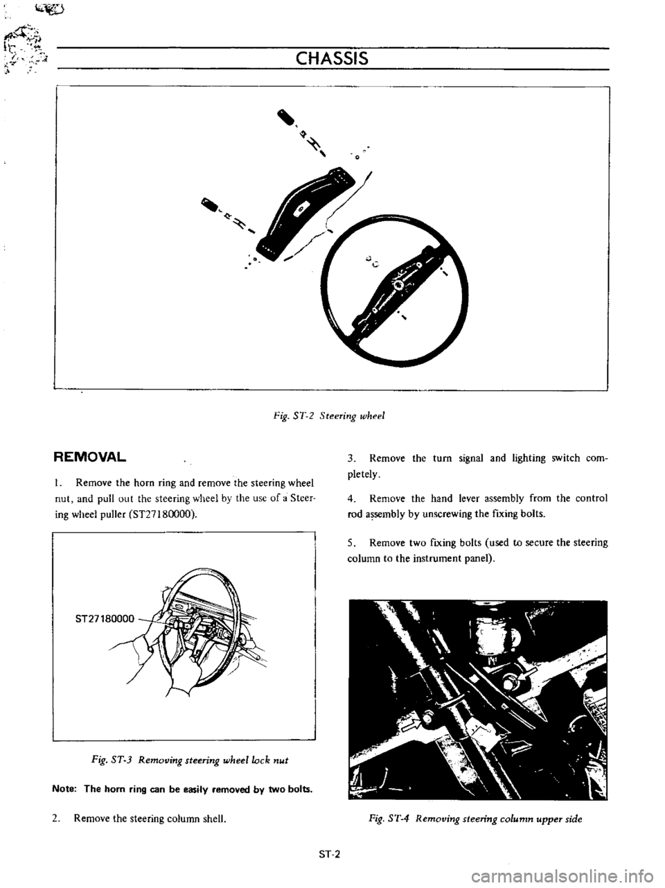 DATSUN B110 1973  Service Repair Manual 
Iii

I
o

t

I

I

CHASSIS

Fig 
ST 
2

Steering 
wheel

REMOVAL

1 
Remove 
the

horn

ring 
and

remove 
the

steering 
wheel

nut 
and

pull 
out 
the

steering 
wheel

by 
the 
use

of 
a 
Steer
