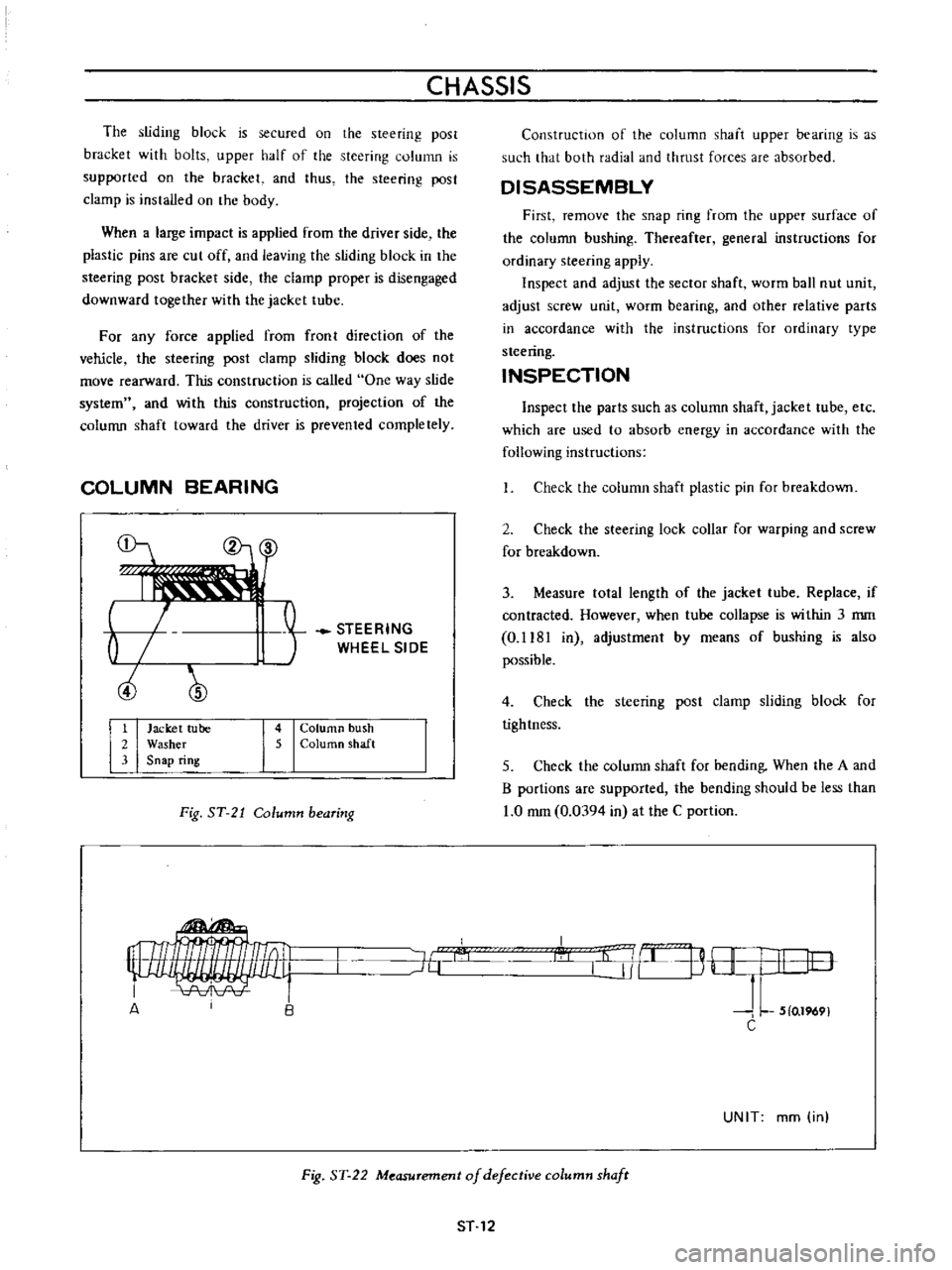 DATSUN B110 1973  Service User Guide 
CHASSIS

The

sliding 
block 
is 
secured 
on 
the

steering

post

bracket 
with

bolts

upper 
half 
of 
the

steering 
column 
is

supported 
on 
the

bracket 
and 
thus 
the

steering 
post

clam