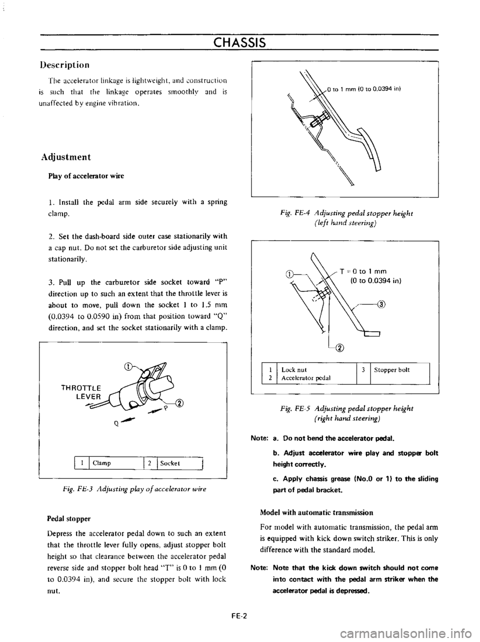 DATSUN B110 1973  Service Owners Manual 
CHASSIS

Description

The 
accelerator

linkage 
is

lightv 
eighL 
and 
onstfuction

is 
such 
that 
the

linkage 
operates 
smoothly 
and 
is

unaffected 
bv

engine 
vibration

Adjustment

Play 
o