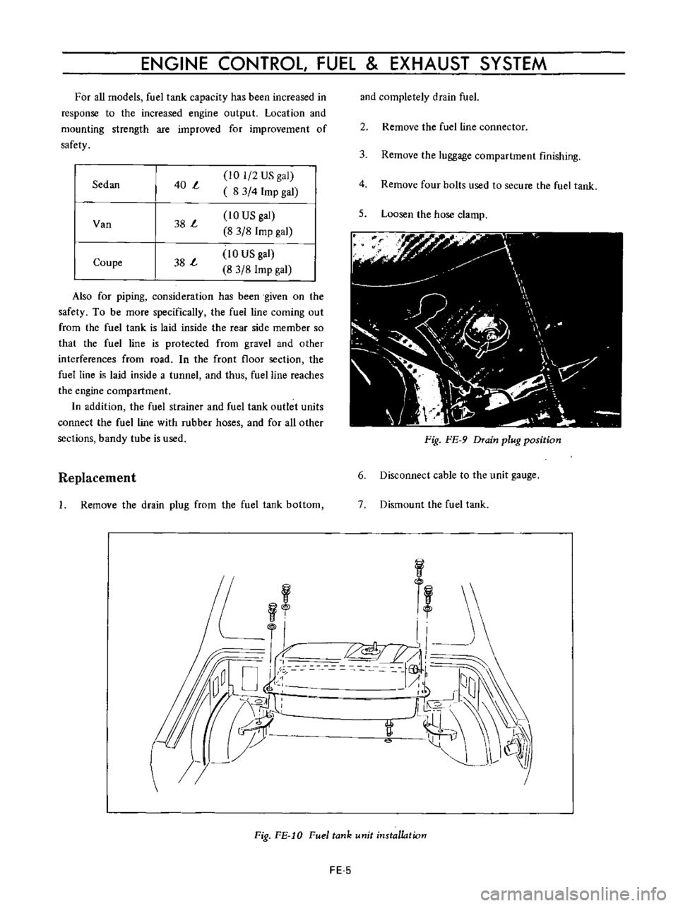 DATSUN B110 1973  Service Repair Manual 
ENGINE 
CONTROL 
FUEL 
EXHAUST 
SYSTEM

For 
all 
models 
fuel 
tank

capacity 
has 
been 
increased 
in

response 
to 
the 
increased

engine 
output 
Location 
and

mounting 
strength 
are

improve