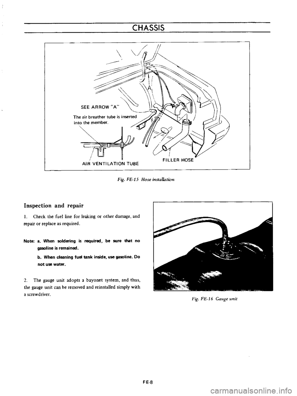 DATSUN B110 1973  Service Repair Manual 
CHASSIS

II

IJ 
II

t

Ii

A1

SEE 
ARROW 
A

r 
r

I
7JJ

TI

r 
i

FI 
LLER 
HOSE

AIR 
VENTILATION 
TUBE

Fig 
FE 
15 
Hose

installation

Inspection 
and

repair

I 
Check 
the

fuel 
line

for
