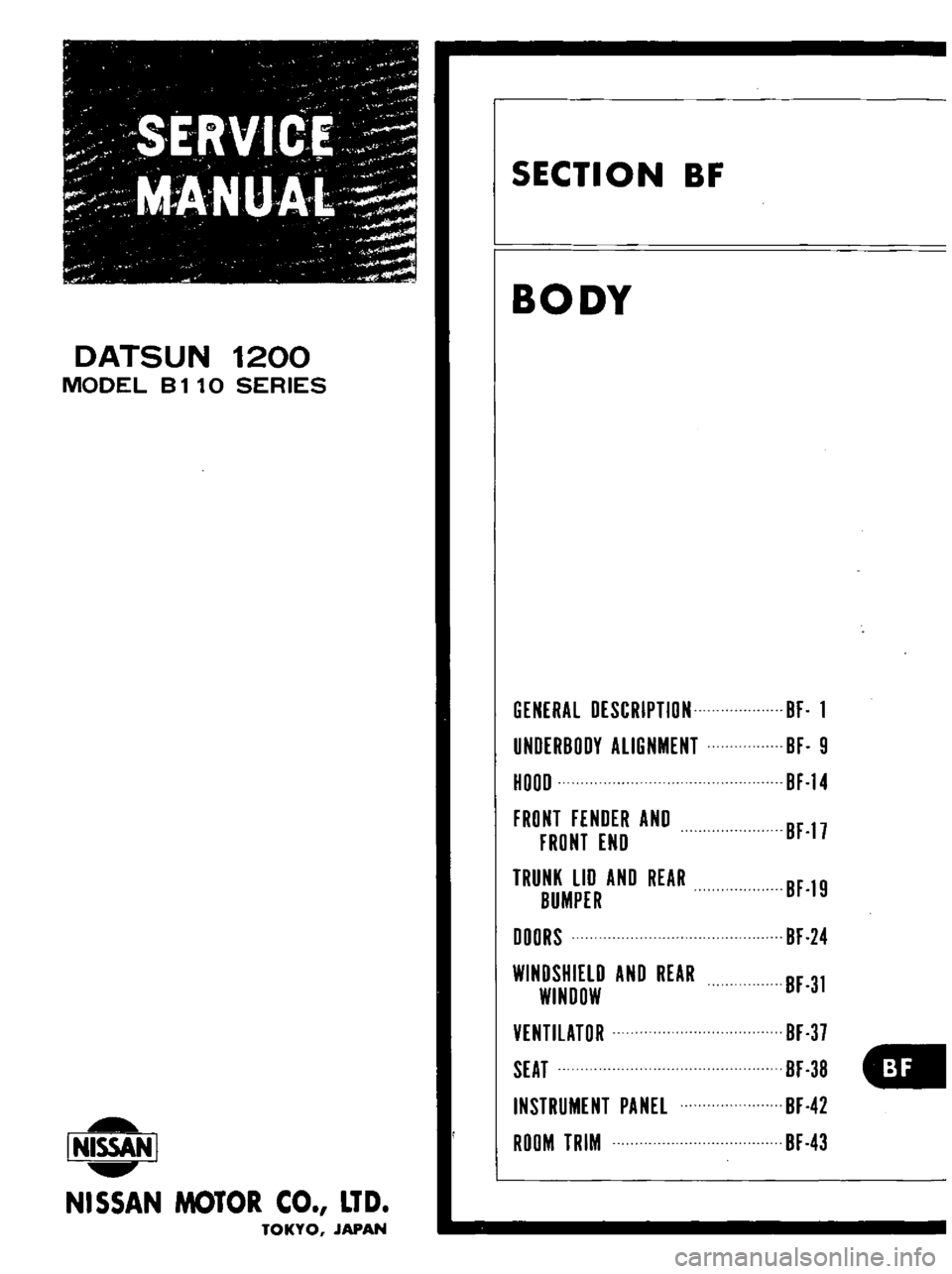 DATSUN B110 1973  Service Repair Manual 
SERVI 
oE

NuA

r

DATSUN 
1200

MODEL 
B 
1 
10

SERIES

I 
NISSAN

I

NISSAN 
MOTOR 
CO 
LTD

TOKYO 
JAPAN 
SECTION 
BF

BODY

GENERAL 
DESCRIPTION

UNDERBODY 
ALIGNMENT

HOOD

FRONT 
FENDER 
AND

