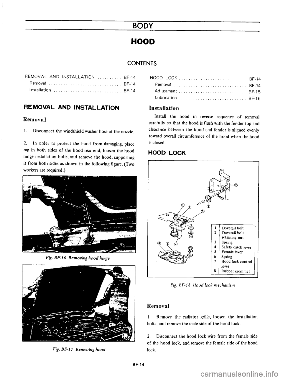 DATSUN B110 1973  Service Repair Manual 
BODY

HOOD

CONTENTS

REMOVAL 
AND 
INSTAllATION

Removal

Installation 
SF 
14

SF 
14

SF 
14

REMOVAL 
AND

INSTALLATION

Removal

Disconnect 
the 
windshield 
washer 
hose 
at 
the 
nozzle

2 
In