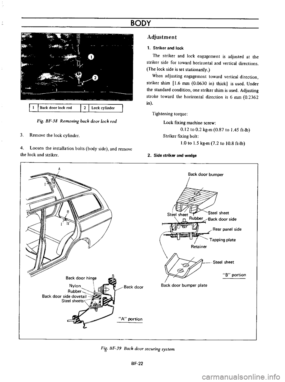 DATSUN B110 1973  Service Repair Manual 
I 
1

I 
Back

door 
lock 
rod

I 
2

I 
Lock

cylinder

Fig 
BF 
38

Removing 
back 
door 
lock

rod

3

Remove 
the

lock

cylinder

4

Loosen 
the

installation 
bolts

body 
side 
and

remove

th