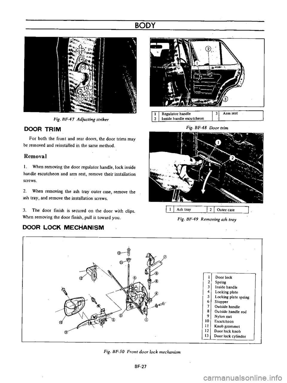 DATSUN B110 1973  Service Repair Manual 
Fig 
BF 
47

Adjusting 
striker

DOOR 
TRIM

For 
both 
the

front 
and 
rear 
doon 
the 
door 
trims

may

be

removed 
and 
reinsbJled 
in 
the

same 
method

Removal

I 
When

removing 
the 
door
