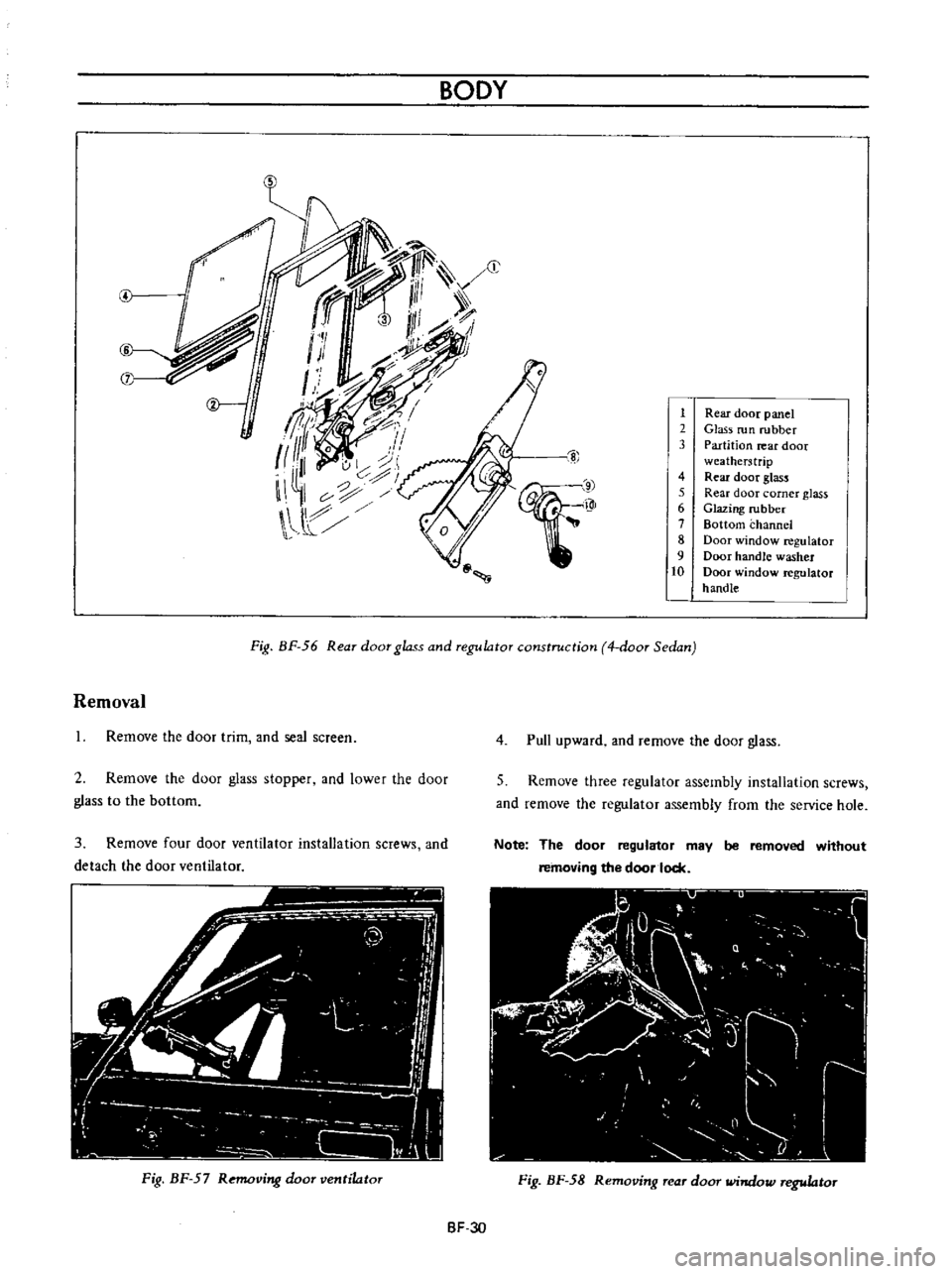 DATSUN B110 1973  Service Repair Manual 
BODY

i

1 
Rear

door

panel

2

Glass 
run

rubber

3 
Partition 
rear

door

weatherstrip

4 
Rear

door

glass

5 
Rear 
door 
corner

glass

6

Glazing 
rubber

7 
Bottom

channel

8 
Door 
wind