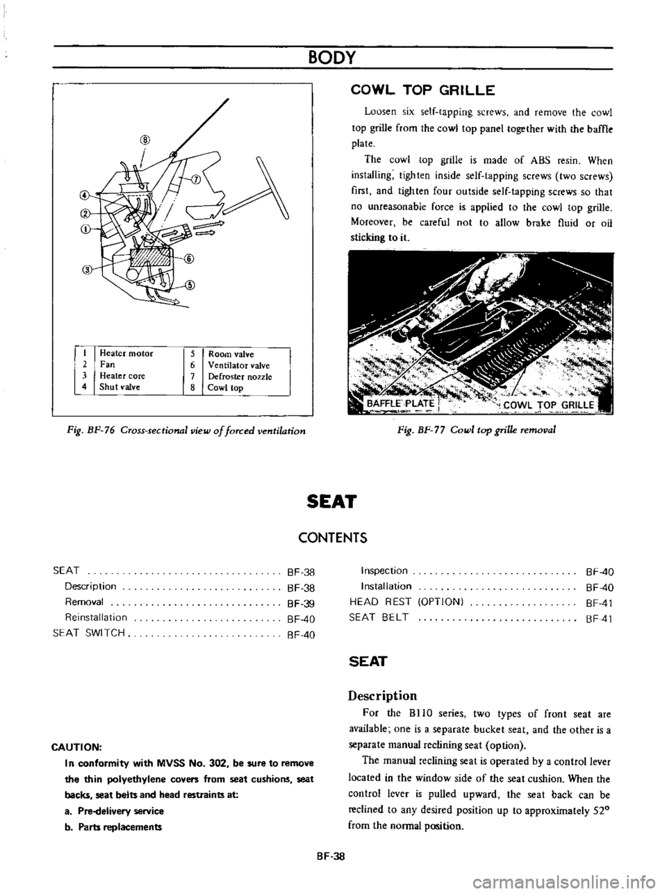 DATSUN B110 1973  Service Repair Manual 
@
c

@

CD

w

1

Heater 
motor

2

Fan

3 
Heater

core

4

Shut 
valve 
5

Room

valve

6

Ventilator 
valve

7

Defroster 
nozzle

8 
Cowl

top

Fig 
BF 
76

Cross 
sectional 
view

of 
forced 
ve