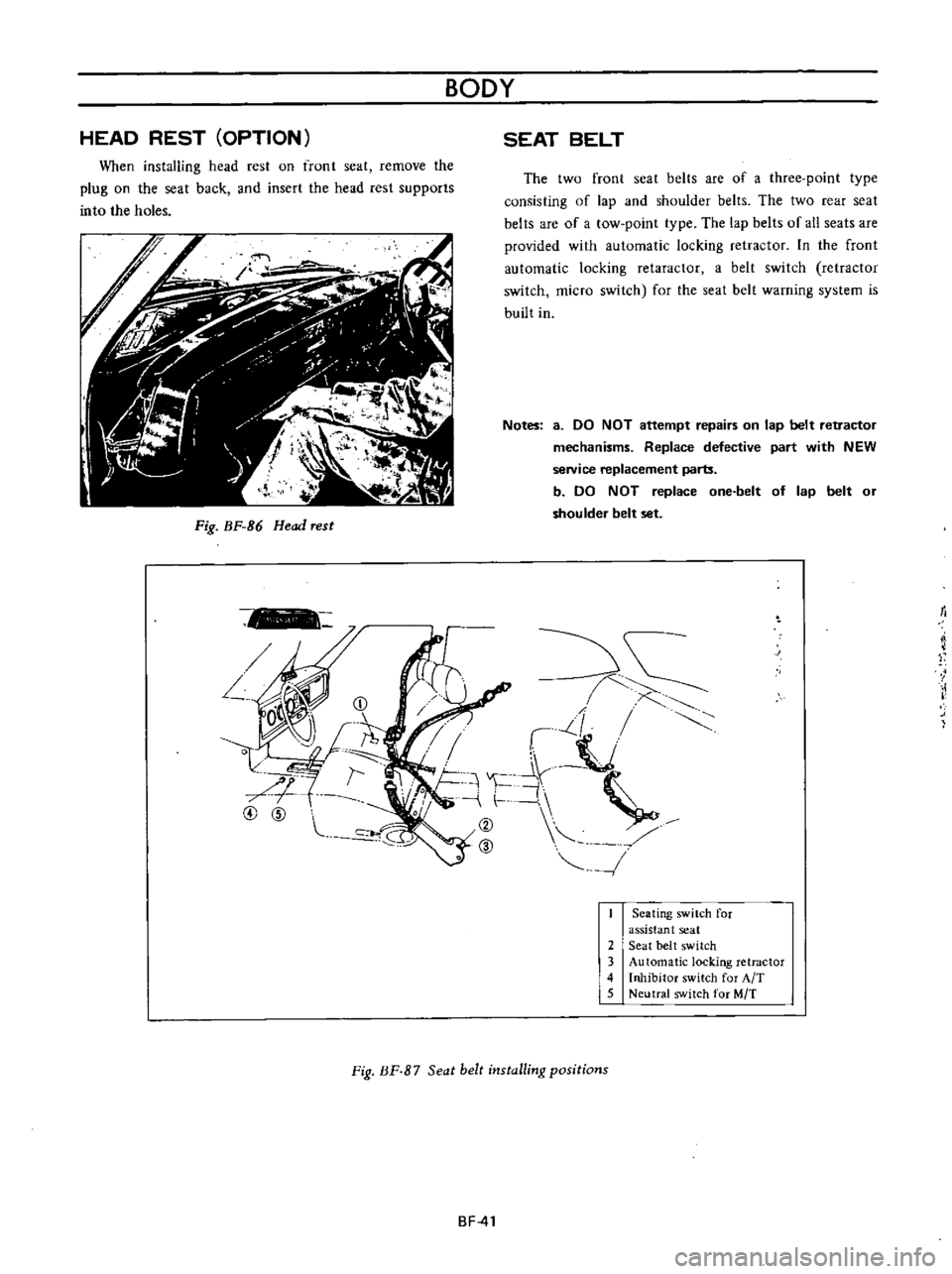 DATSUN B110 1973  Service Repair Manual 
j

L

CD

1 
II 
r 
1

P

r
4vc 
V

4

I

o

@

@

c

ID

I
HEAD

REST 
OPTION

When

installing 
head 
rest 
on 
front

seat 
remove 
the

plug 
on 
the 
seat

back 
and 
insert 
the 
head 
rest

su