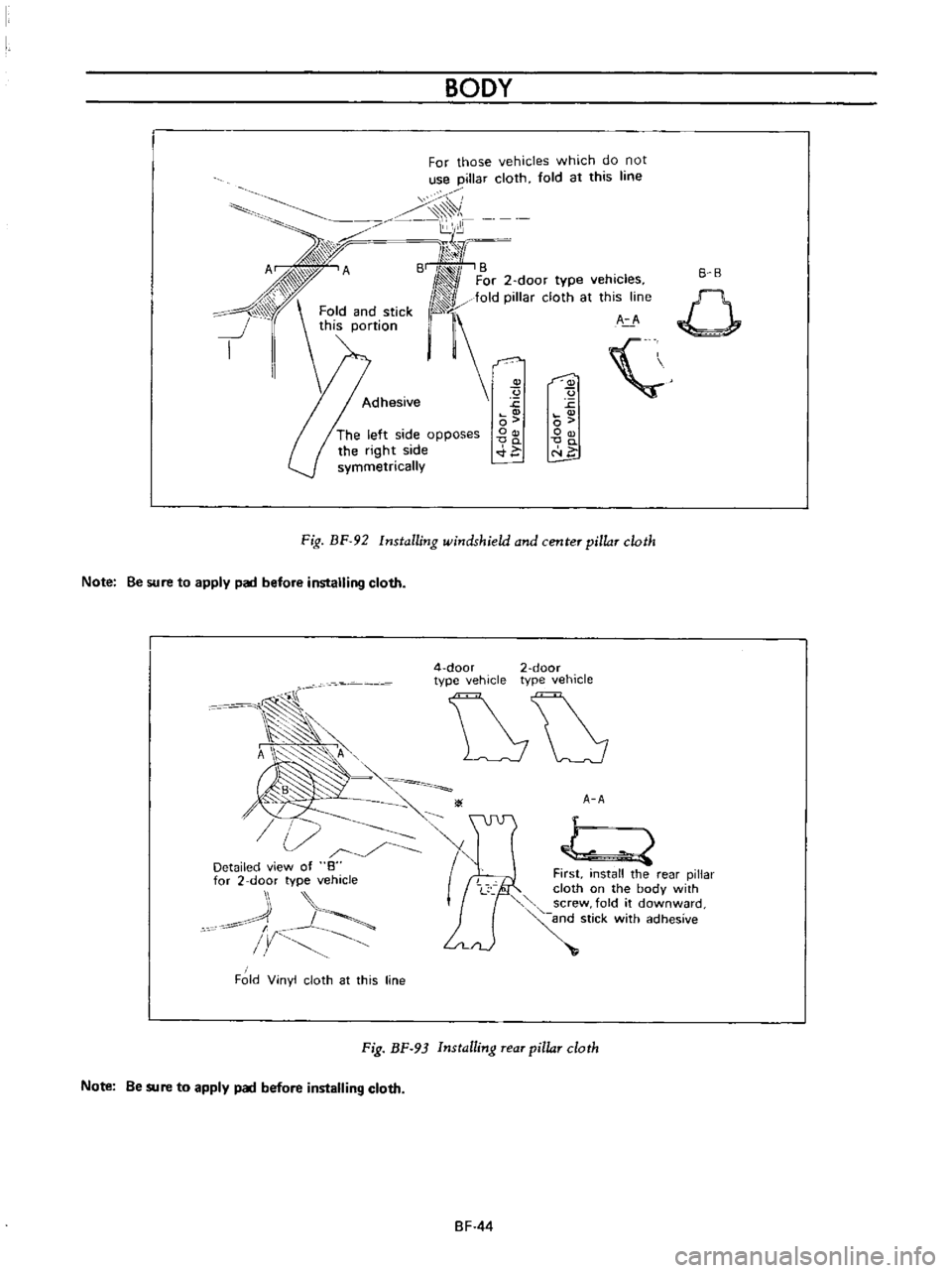 DATSUN B110 1973  Service Repair Manual 
I

I

BODY

For 
those 
vehicles 
which 
do 
not

use 
pillar 
cloth 
fold 
at 
this 
line

k

p 
i
i

A 
A 
B 
I

11 
B

I 
For 
2 
door

type 
vehicles

1 
Fo 
ld

and 
stick

i 
A 
A

j

I 
this

