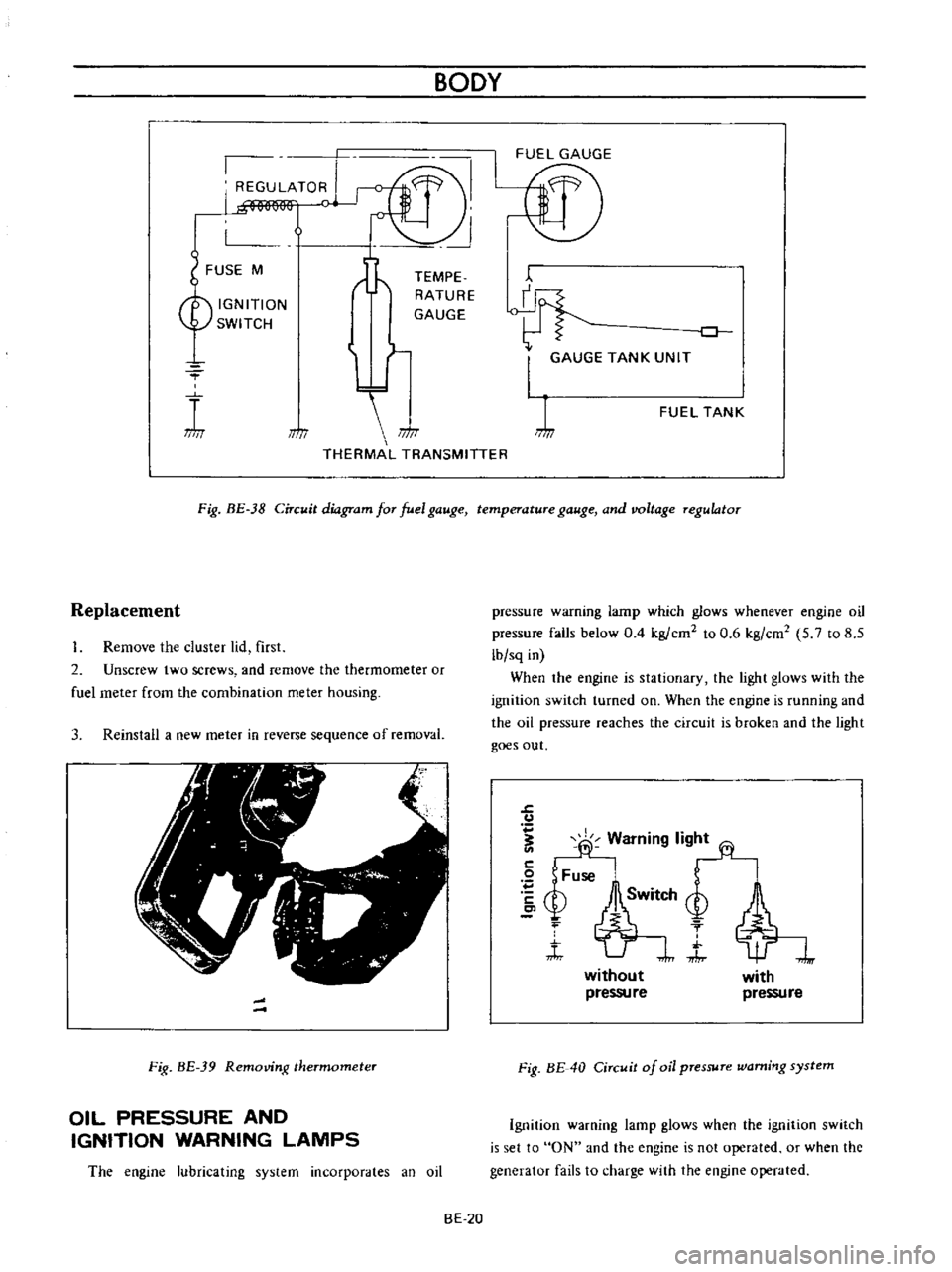 DATSUN B110 1973  Service Service Manual 
BODY

REGULATOR

FUSE 
M

TEMPE

RATURE

GAUGE
IGNITION

SWITCH

Lf

I

iT
Ji 
1M

THERMAL 
TRANSMITTER 
I

J

0

I 
GAUGE 
TANK 
UNIT

FUEL 
TANK

Fig 
BE 
38 
Circuit

diagram 
for 
fuel 
gauge 
te