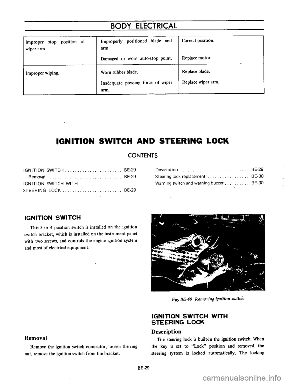 DATSUN B110 1973  Service Repair Manual 
BODY 
ELECTRICAL

Improper 
stop 
position 
of

wiper 
arm 
Improperly 
positioned 
blade 
and

arm 
Correct

position

Damaged 
or 
worn 
auto

stop 
point 
Replace 
motor

Improper 
wiping 
Worn

r
